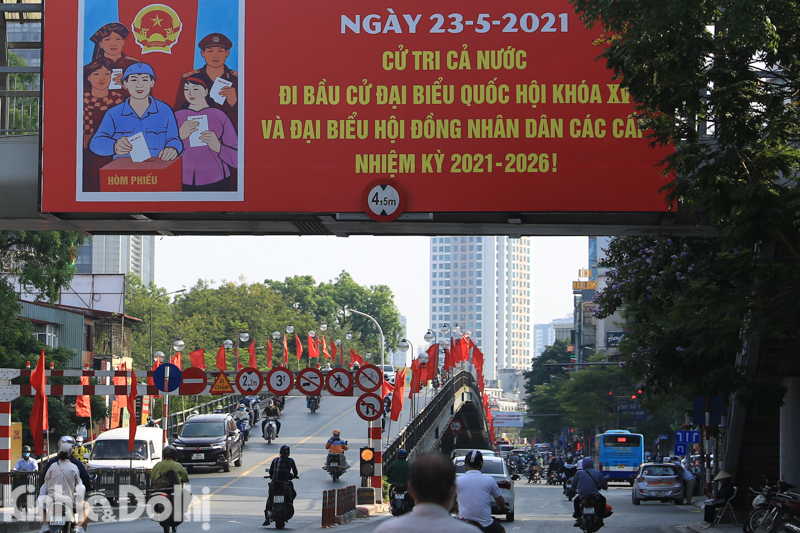 Public buildings in Hanoi brightly colored in red