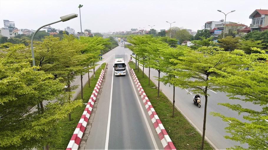 Green trees enhance the beauty of modern intersections in Hanoi