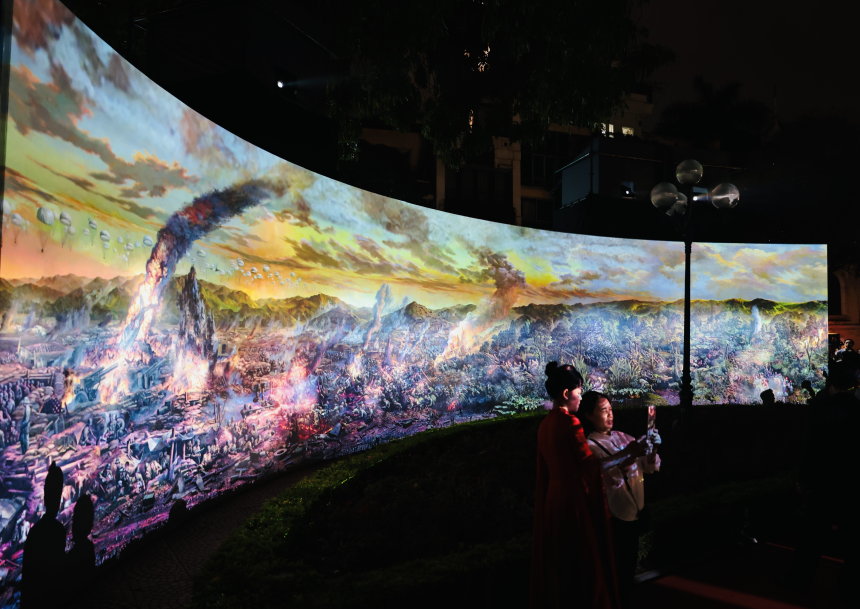 Giant Dien Bien Phu painting displayed through 3D screen mapping in Hanoi