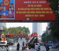 Public buildings in Hanoi brightly colored in red